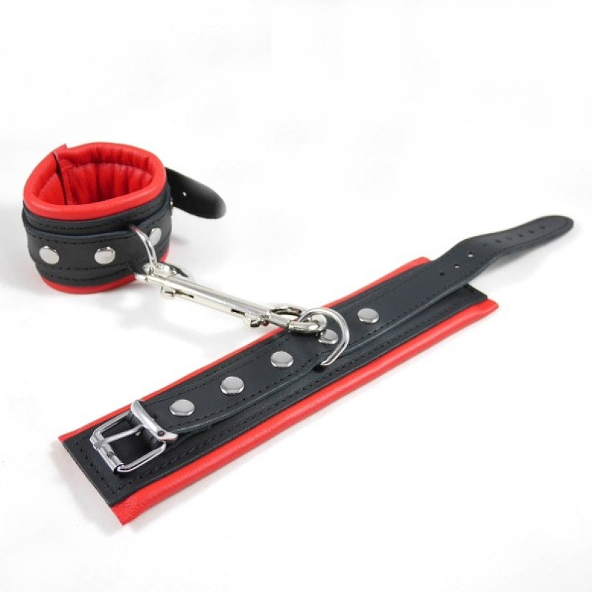 Handfesseln Classic schmal, Leder Schwarz-Rot